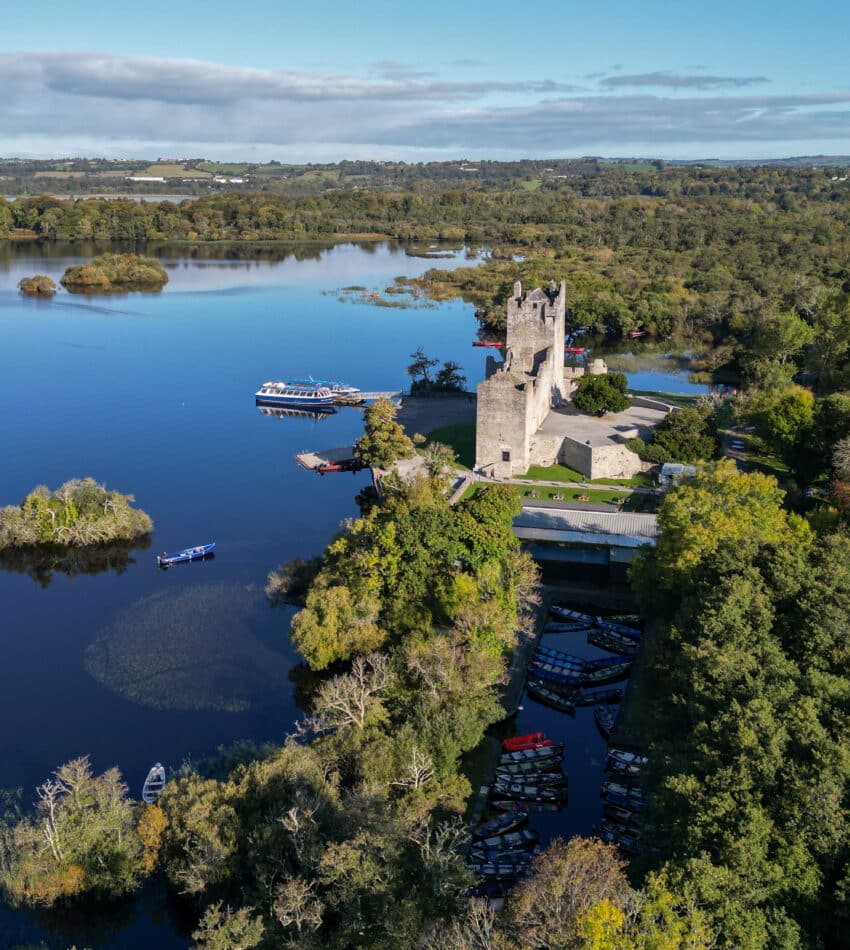 Scenic view of historic castle by serene lake with lush green forest, a perfect peaceful retreat.