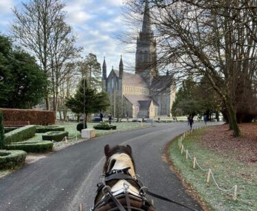 Enjoy a scenic horse-drawn carriage ride to a grand cathedral, surrounded by manicured gardens and clear blue skies.