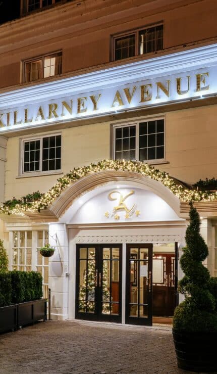 Elegant hotel entrance with glowing lights, grand archway, and neatly trimmed topiaries, inviting guests for a luxurious stay.