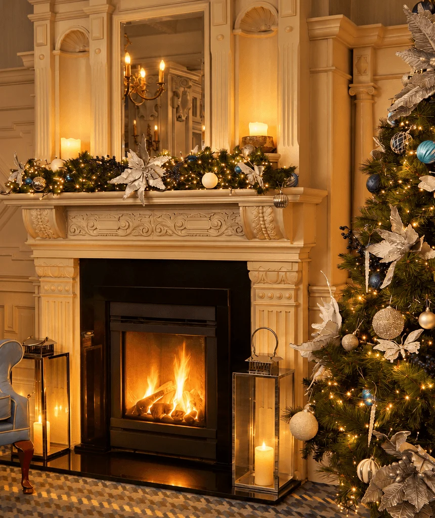 Festive hotel lounge with lit fireplace, decorated Christmas tree, garland, cosy armchair and candlelit lanterns — warm seasonal welcome